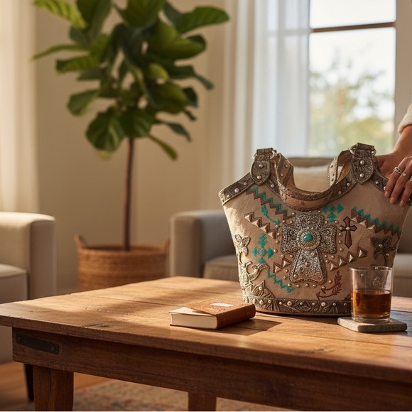 Cowgirl Trendy Handbags - Cowgirl Trendy Tote Bag Concealed Weapon Rhinestone Studded Turquiose Southwest